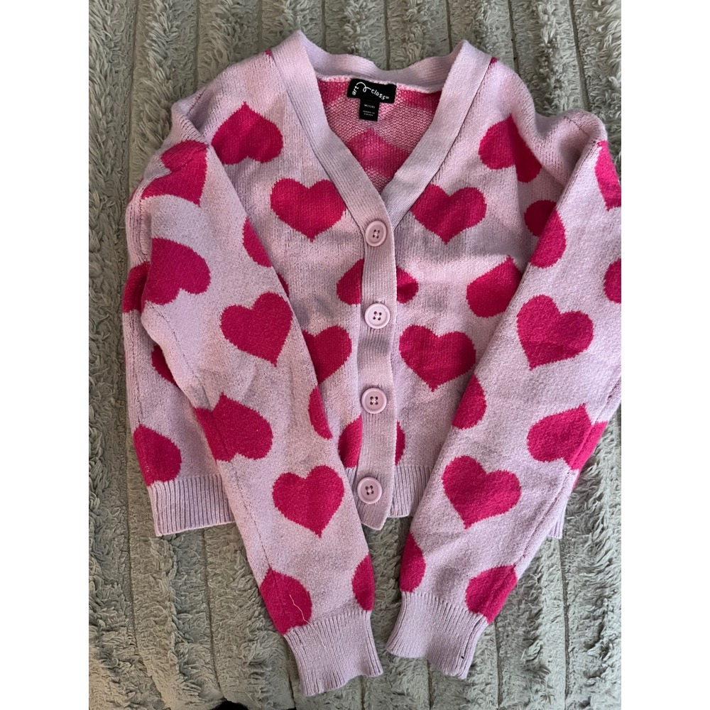 Art Class Girls Pink Heart Cardigan Sweater Lilac Purple Size M 7/8 Valentine